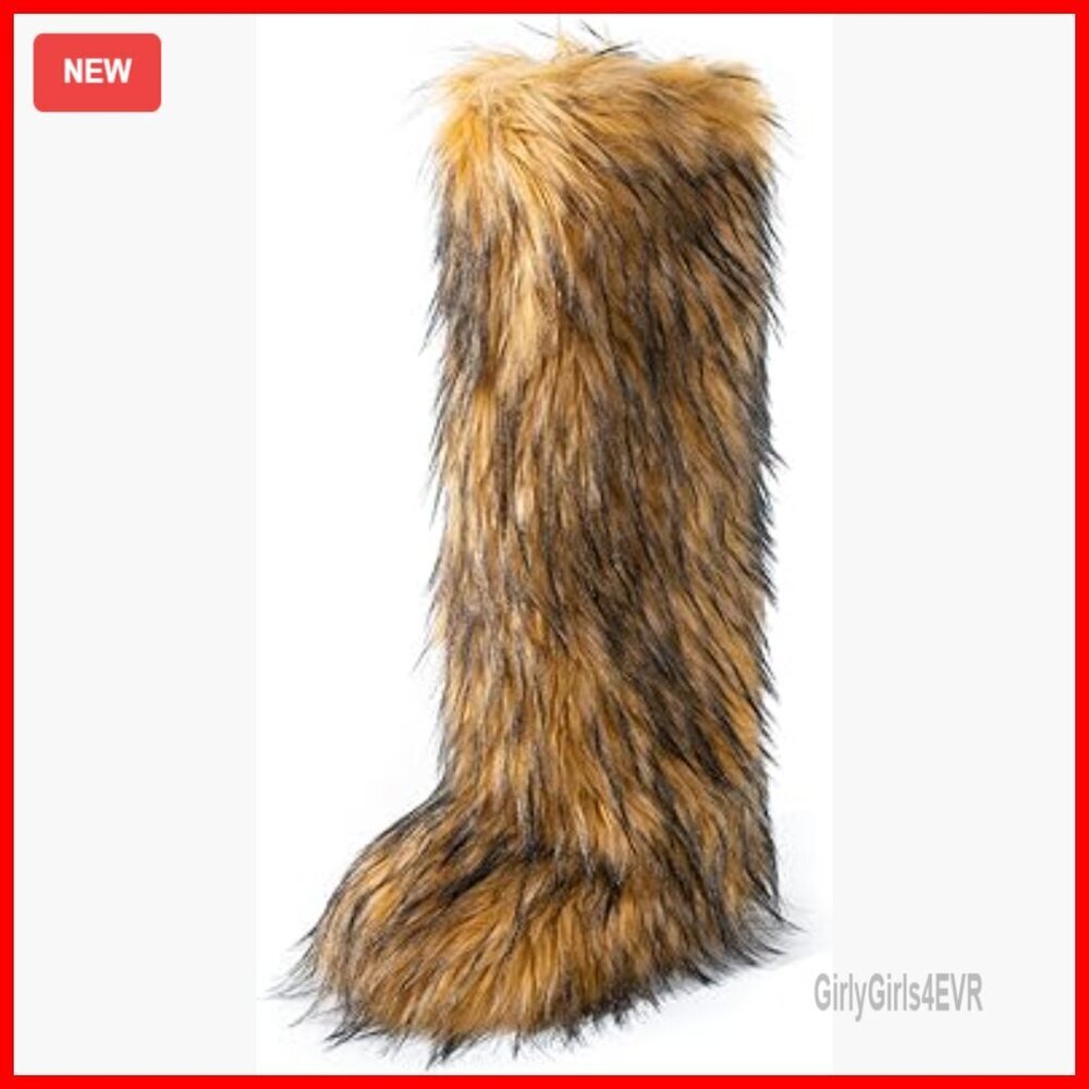 Knee-High Faux Fur Boots Winter Warm Flat Shoes Plush Suede Round Toe
